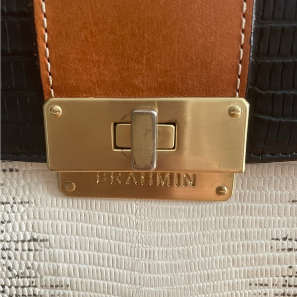 Brahmin Oxford Flap Natural Bernini Black/White Embossed Leather Crossbody Bag - Picture 6 of 9